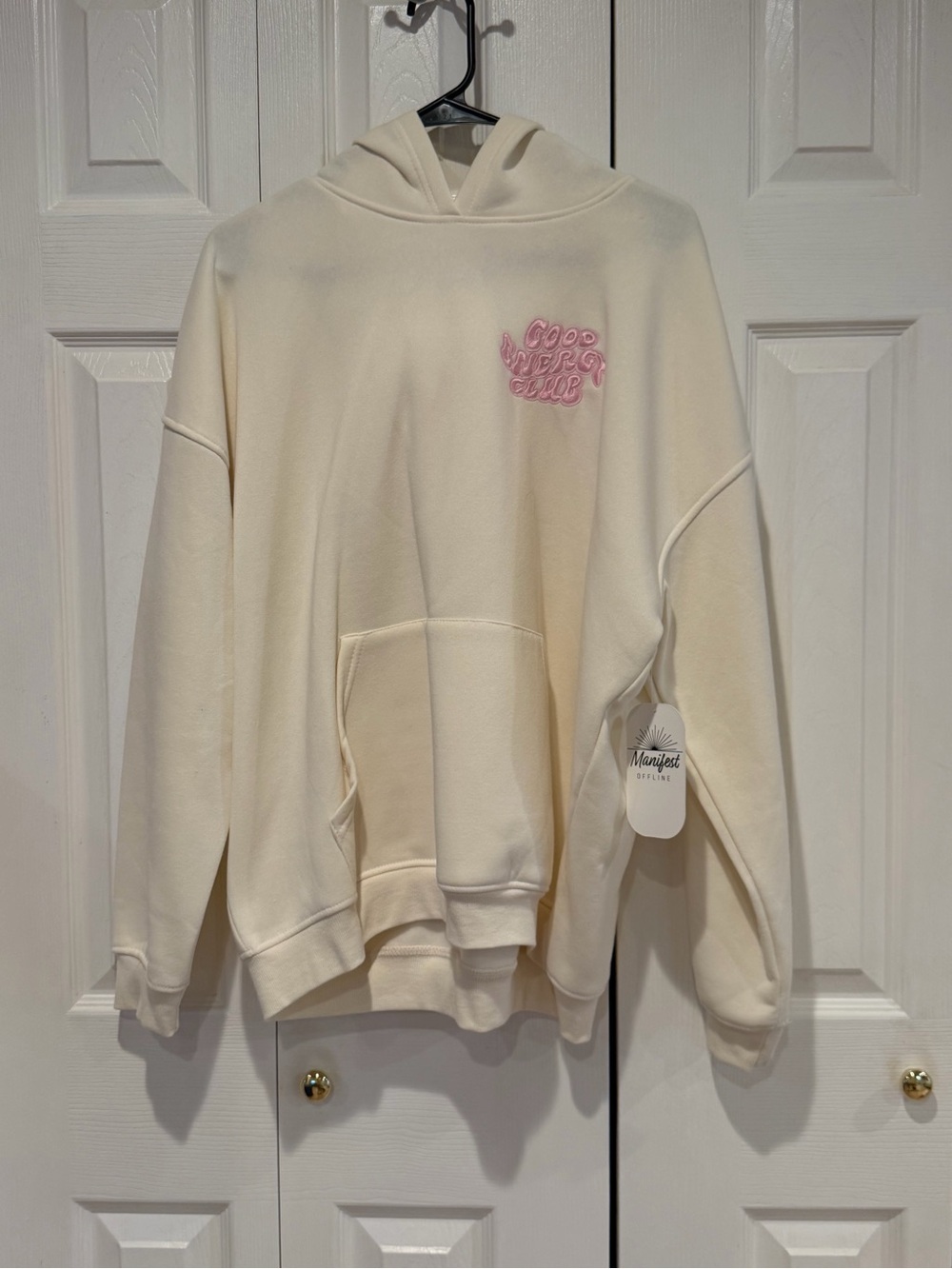 Cream Crewneck Hoodie with Pink Embroidered Chest Detail